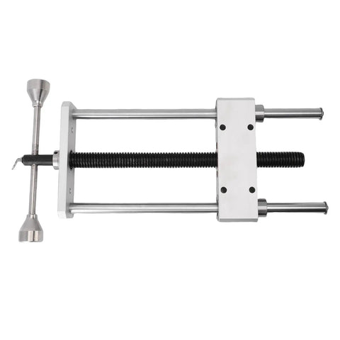 Heavy Duty Inertia Table With Double Link Clamp For Woodworking Bench, showing steel frame and threaded spindle for clamping.