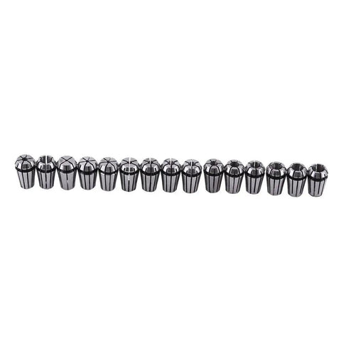 Thonlai 15 Pieces ER11 Spring Collet Set For CNC Milling Lathes High Precision Tool Holder Grip With Separate Storage Containers And Labels For Stable Performance, shown in a lined arrangement.