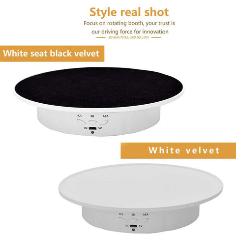 Qinmay 360 Degree Electric Rotating Turntable Display Stand Rechargeable Low Noise with white velvet top and black velvet detail.