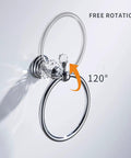 Chrome Towel Ring With Crystal Ball Accents, Polished Hand Towel Holder, 120° rotation, wall mounted bath accessory shown in detail.