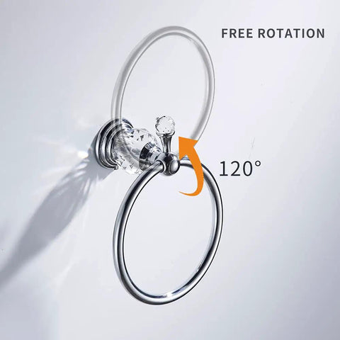 Chrome Towel Ring With Crystal Ball Accents, Polished Hand Towel Holder, 120° rotation, wall mounted bath accessory shown in detail.