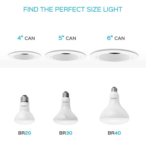 Comparison of BR20, BR30, BR40 LED bulb sizes for 4, 5, 6 inch can lights, includes 12 Pack BR30 LED Flood Light Bulbs With 65W Equivalent And 10W Low Power, Dimmable And Damp Rated For Indoor Outdoor Use, Switchable 2700K 3000K 5000K Color Temperatures, 850 Lumens, Ideal For Living Room Kitchen Recessed Lighting
