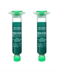 Two Pack UV Curing Solder Mask Ink For PCB BGA M56 in green syringes, UV Solder Resist Mask and Solder Paste Flux shown