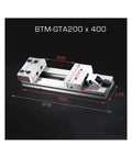 Heavy Duty CNC Milling Vise Featuring Bulletproof Clamping Grip And Cross Grain Bed dimensions and detailed view on black background.