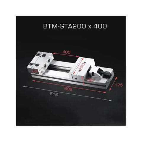 Heavy Duty CNC Milling Vise Featuring Bulletproof Clamping Grip And Cross Grain Bed dimensions and detailed view on black background.