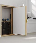 Premium Insulated Knee Wall Access Door With Rock Solid White HDF Boards And R Five Point Two Heat Blocking Rating For Attics And Basements Slick Operation 27 By 35 Inches, open door revealing storage space in an attic.