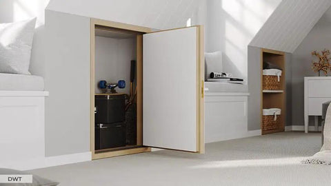 Premium Insulated Knee Wall Access Door With Rock Solid White HDF Boards And R Five Point Two Heat Blocking Rating For Attics And Basements Slick Operation 27 By 35 Inches, open door revealing storage space in an attic.