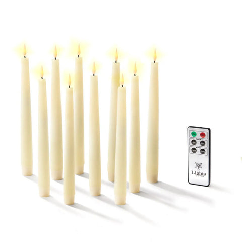 Flameless Taper Candles Set With Realistic 3D Flame And Wick, 9-Inch Ivory Wax LED Candles, 10 Pack, Remote Control And Timer shown