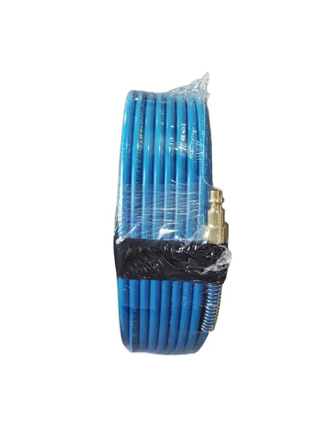 Top Grade Polyurethane Air Hose One Quarter Inch By One Hundred Feet, blue, coiled with brass fitting, kink resistant, 300 PSI.