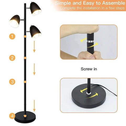 Tree Floor Lamp With 3 Lights, Industrial Modern Reading Floor Lamp With Adjustable Metal Heads, assembly steps shown