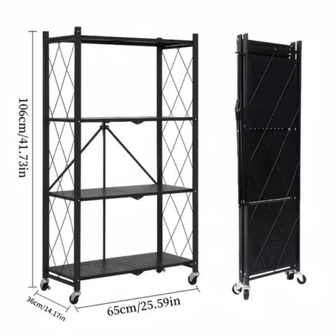 4 Tier Foldable Metal Storage Rack With Lockable Wheels, Portable Utility Rolling Cart for Kitchen And Home, folded and open view