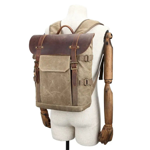 Canvas DSLR Video Backpack With Waterproof Outdoor Design on mannequin, shock resistant shell, adjustable straps visible