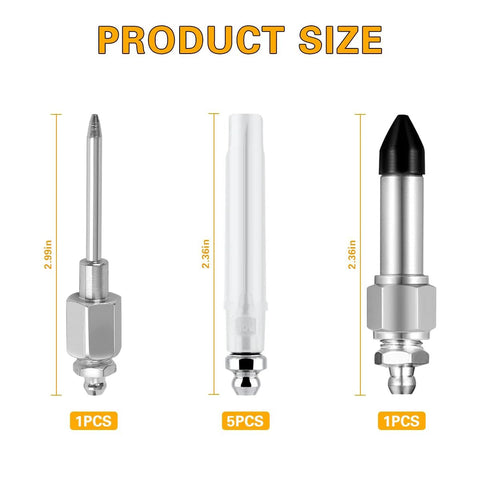 7 Piece Car Grease Gun Needle Accessory Kit with steel nozzles and nipple adapters, showing 3 main components with sizes