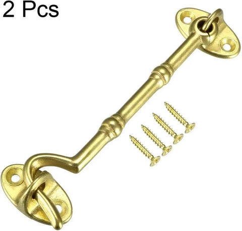 WUUWCHODC Hook and Eye Gate Lock Cabin Door Catch Casement Window Brass with screws, golden finish, 2 pieces.