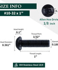 Heavy Duty 10-32 X 1 Inch Button Head Socket Cap Bolts Made From Genuinely Tough 304 Stainless Steel With Smooth Black Oxide Finish And Precision Allen Hex Drive, 50 Pack Of Full Thread Screws showing size info and dimensions.