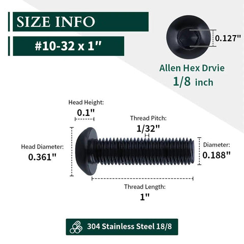 Heavy Duty 10-32 X 1 Inch Button Head Socket Cap Bolts Made From Genuinely Tough 304 Stainless Steel With Smooth Black Oxide Finish And Precision Allen Hex Drive, 50 Pack Of Full Thread Screws showing size info and dimensions.