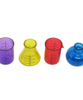 Beaker And Flask Shot Glass Set 4 Piece Plastic Lab Style Drinkware With Yellow Erlenmeyer And Blue Round Bottom Flasks And Two Beakers