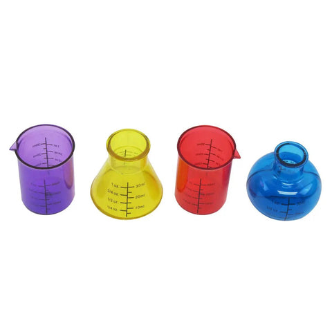 Beaker And Flask Shot Glass Set 4 Piece Plastic Lab Style Drinkware With Yellow Erlenmeyer And Blue Round Bottom Flasks And Two Beakers