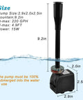 Dimensions of Go-To 15W Submersible Fountain Pump With LED Light Ultra Quiet 800 L/H Flow Adjustable Water Pump shown in water.