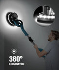 Man using Drywall Sander With Vacuum and LED Light 5 Speed Settings 900 to 1800 RPM showing 360-degree illumination on wall