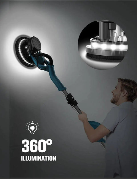 Man using Drywall Sander With Vacuum and LED Light 5 Speed Settings 900 to 1800 RPM showing 360-degree illumination on wall