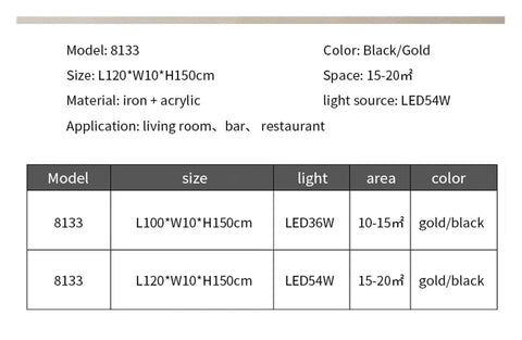 Modern Minimalist Three-Stage Creative Pendant Light Dining Table Indoor Living Room Bar Golden/Black LED Light specifications table.