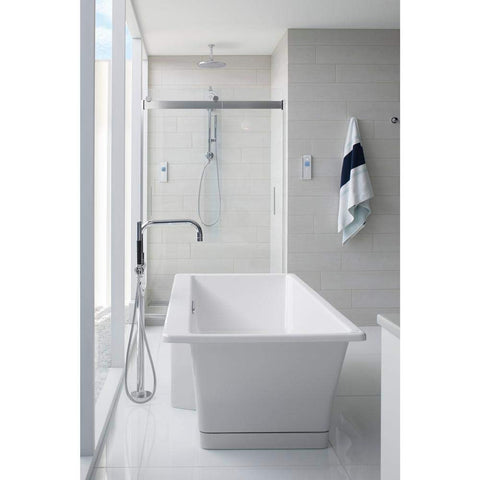 Modern bathroom with freestanding tub, showerhead, and polished chrome fixtures, Forte Centerset Bathroom Faucet With Two Handles And Pop Up Drain No Fuss Easy Install Preinstalled Flexible Supply Lines 1.2 GPM Polished Chrome Finish Ceramic Disc Valves Built To Last details visible in the background.