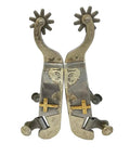 Men's Sweet Iron Praying Cowboy Spurs With Hand Engraved Silver Overlay, Two Inch Raised Shank And One Quarter Inch Ten Point Rowels