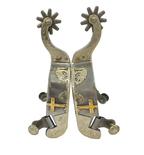 Men's Sweet Iron Praying Cowboy Spurs With Hand Engraved Silver Overlay, Two Inch Raised Shank And One Quarter Inch Ten Point Rowels