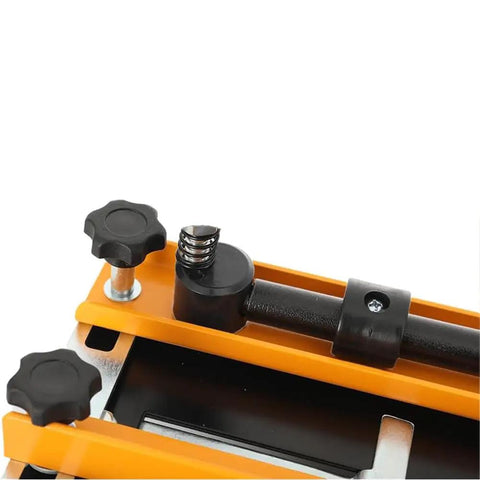 Detail of Dead On Precision Dovetail Router Jig With Half Inch Template And Twelve Inch Guiding Rail components, showcasing knobs and alignment guide.