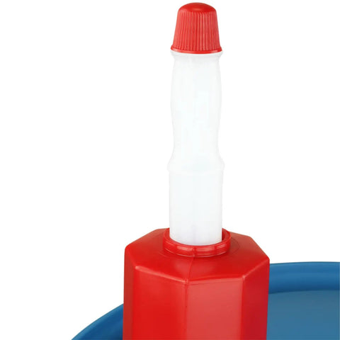 Heavy Duty Manual Drum Siphon Pump Works Like A Charm With Forty Eight Inch Flexible Hose top view with red cap and connection.