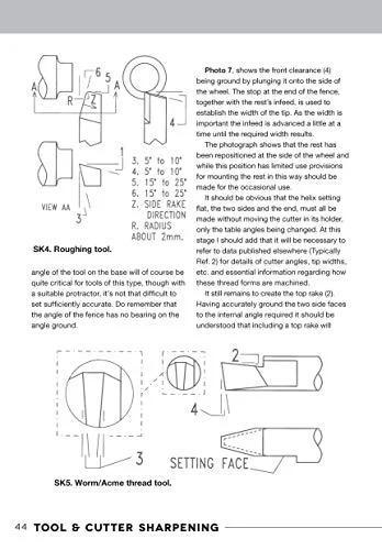 Book page from Tool & Cutter Sharpening for Home Machinists showing SK4 roughing and SK5 worn/acme thread tool diagrams.