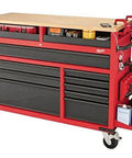 Beefy 52 Inch Mobile Workbench With 11 Soft Close Rollout Drawers And Thick Hardwood Counter Top For Ultimate Garage Tool Organizing And Job Site Rig Upgrades, red and black with hardwood top.
