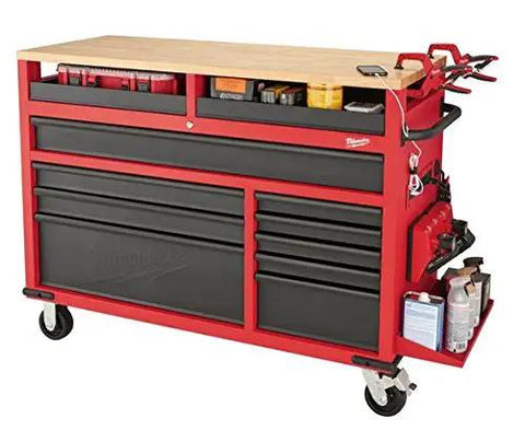 Beefy 52 Inch Mobile Workbench With 11 Soft Close Rollout Drawers And Thick Hardwood Counter Top For Ultimate Garage Tool Organizing And Job Site Rig Upgrades, red and black with hardwood top.