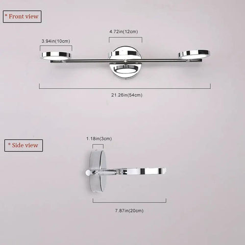Front and side view of 3 Light LED Vanity Sconce For Bathroom Mirror Up Down Chrome Wall Lights 21.26 Inch Long 4000K setup.