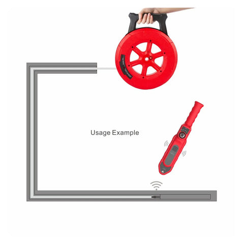 Built Tough Wireless Stud Finder And Wall Scanner showing usage example with red reel and handheld reader.