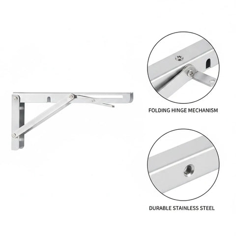 Space Saving Folding Shelf Bracket For Garage And Workshop, L Shaped Stainless Steel Wall Mount Support For Drop Leaf Tables, 15.4 by 5.3 Inch, showing folding hinge and durable steel