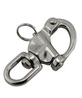 Close-up of Heavy Hitter 316 Stainless Steel Swivel Snap Shackle With Large Bail And Quick Release Eye Hook.