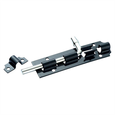 Premium Heavy Duty Sliding Door Lock Barrel Bolt With Reinforced Gate Latch Hasp, black and silver, for heavy entryway doors.