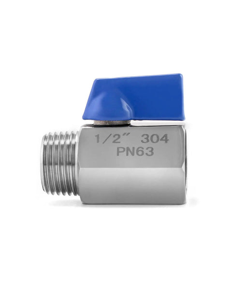 Two Pack One Half Inch NPT Stainless Steel Ball Valve Set with blue handle, corrosion-resistant 304 steel, male to male threads.