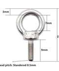 Front view of Stainless Steel M3 Shoulder Eye Bolts Pack With Ring 0.5 Mm Pitch 7 Mm Inner Diameter 13.5 Mm Outer Diameter 22 Mm Total Length