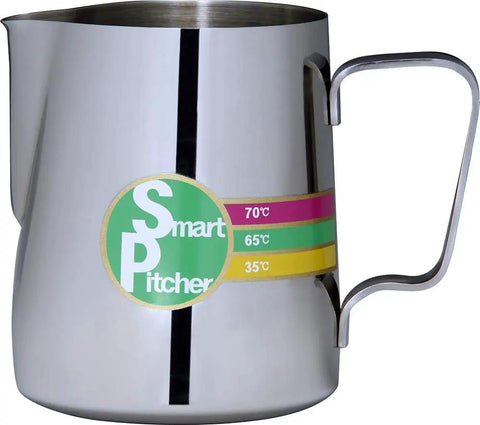 Espresso Milk Frothing Pitcher With Built In Thermometer And Thermo Indicator Color Coding Stainless Steel 20 Oz Side View