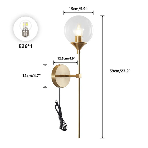 Gold Globe Wall Sconce Plug In Mid Century Modern Long Arm Light With Bubble Glass Shade Brush Brass Vanity Fixture For Bathroom Or Hallway Hardwire Or Plug In Design Easy On Off