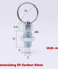 Heavy Duty Galvanized Carbon Steel Indexing Plunger With Pull Ring Lock Pin M6 size, showing precise measurements in mm.