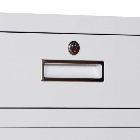 Close-up of lock and handle on Vertical 4 Drawer Locking File Cabinet For Home Office Under Desk Storage Space Saver Metal Filing Cabinet