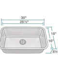 Dimensions illustration of 30 Inch Single Bowl Stainless Steel Kitchen Sink 16 Gauge 304 Grade Extra Thick Durable Workhorse.
