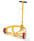 Heavy Duty Steel Drum Dolly Cart For 55 Gallon Oil Barrels with cushioned handle and tri-wheel design in yellow.