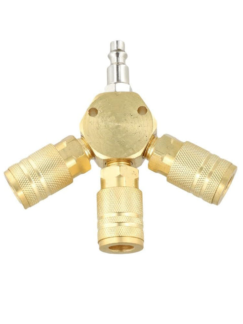 Three Way Brass Pneumatic Manifold With Quick Connect Brass Couplers For Seamless Air Lines In The Shop Or Garage Heavy Duty