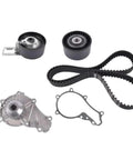 Premium Timing Belt And Water Pump Replacement Kit For Citroen C3 C4 Ford Focus Mondeo 1 6 Liter Diesel Engine TDCI HDI Type High Quality Heavy Duty Long Lasting Build Perfect For Mechanics Or Car Enthusiasts Who Need Quick And Easy Fixes Today. timing belt, water pump, pulleys and gasket on white