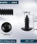 Seventy Five Pack Ten By Half Inch Truss Head Self Tapping Screws For Wood And Metal Crafted From Rust Proof Eighteen Eight Stainless Steel With Phillips Bits For Tough Builds That Grip Tight Without A Hassle showing detailed size and dimensions.